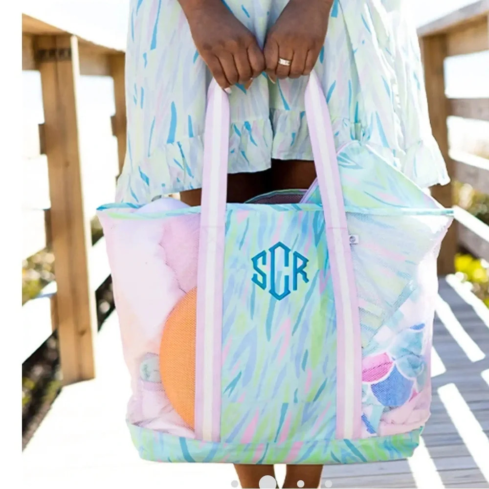 NWT “F” Monogrammed Mesh Beach Bag Set